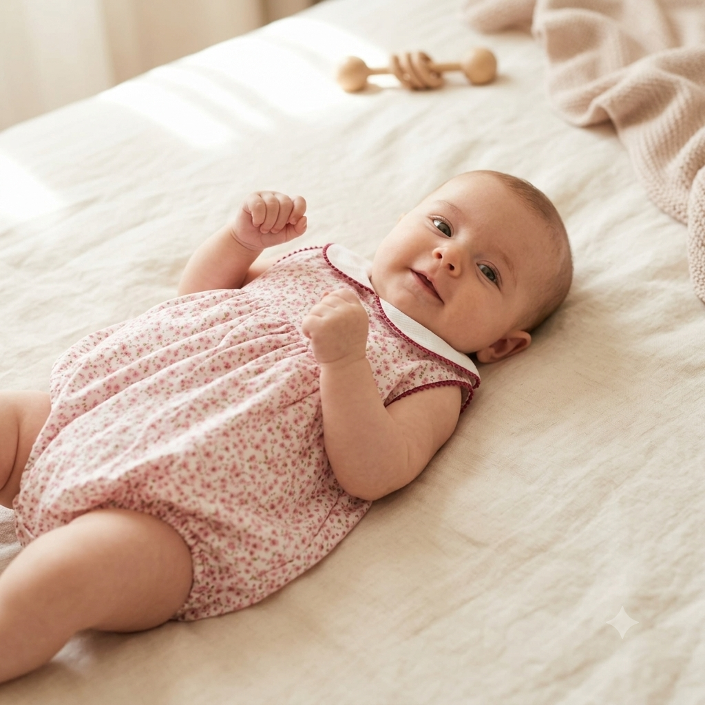 A baby lying on a cream-colored bed, wearing a light pink floral romper with a white collar.