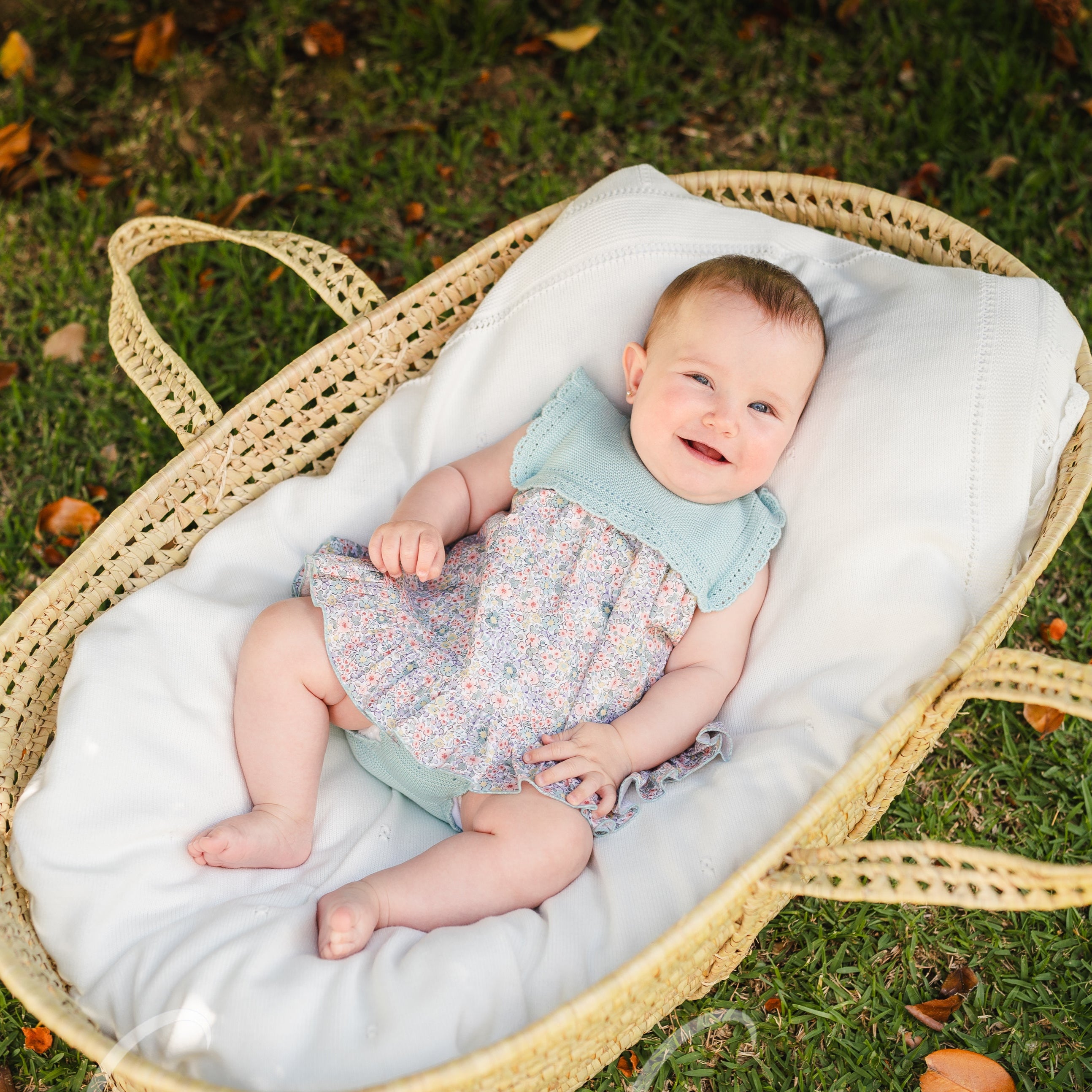 Baby in a Moses basket on grass with autumn leaves