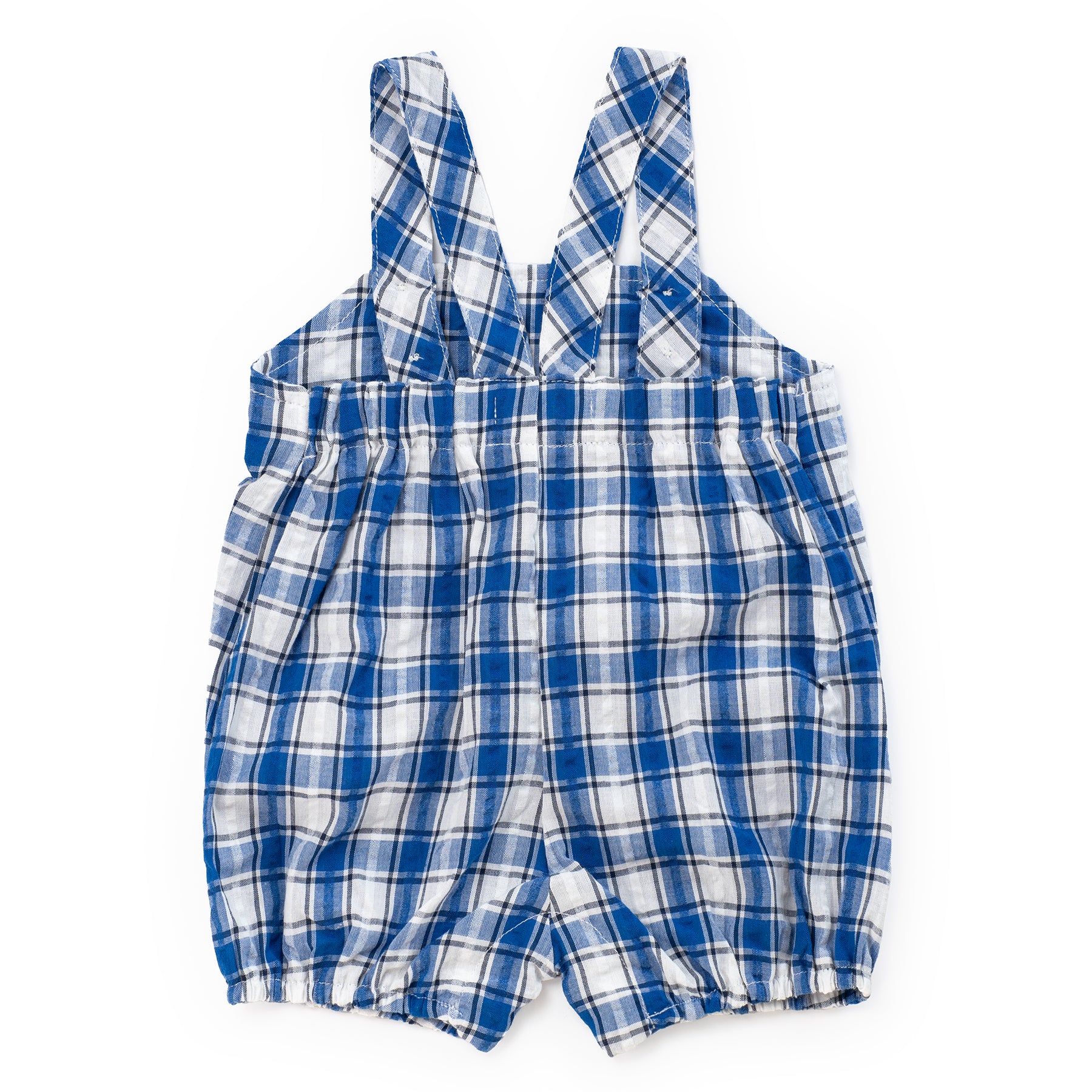 Blue and white plaid baby romper on a white background